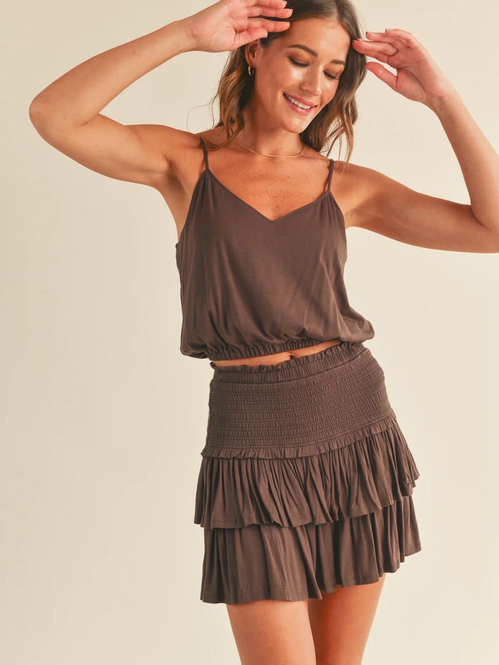 Reset Maya Knit Smocked Tiered Mini Skirt and Top Set in Brown